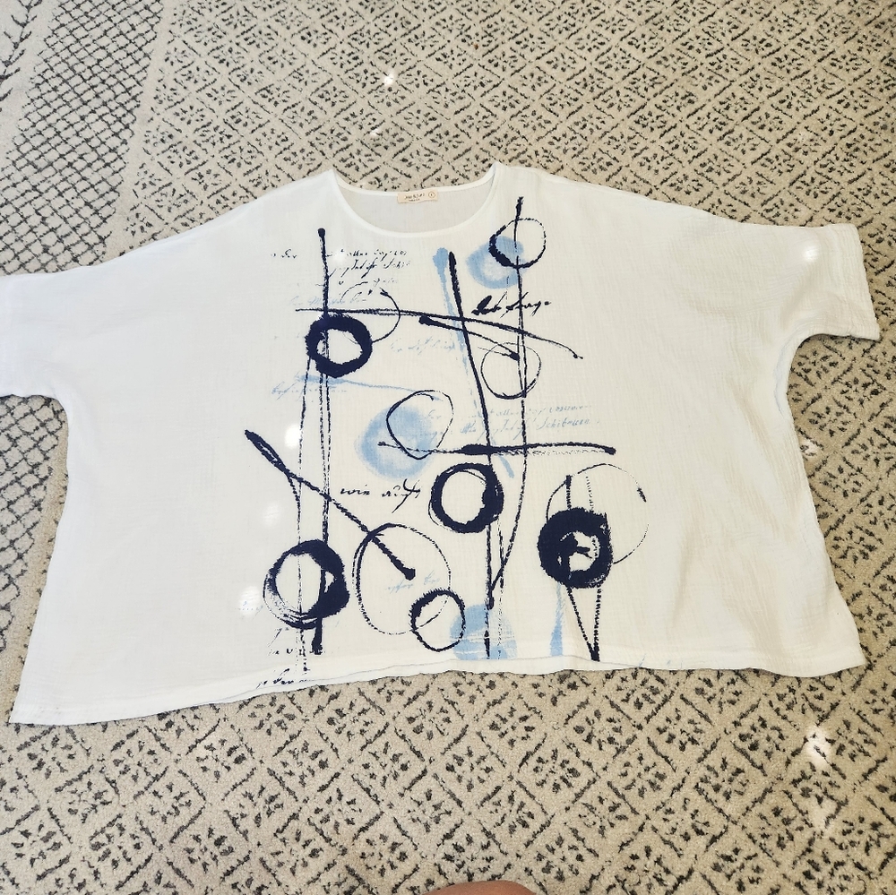 Jess & Jane Gauzy Boxy Balboa Tunic Top White Black Blue Cotton Circles Lines L - Picture 9 of 13